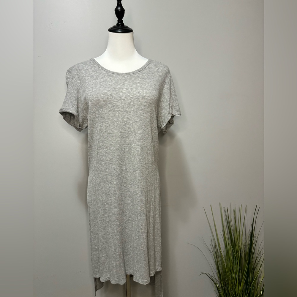 Kismet long teeshirt dress with side slits. Asymmetrical. Size large. Light grey